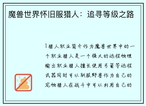 魔兽世界怀旧服猎人：追寻等级之路