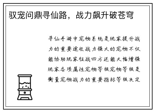 驭宠问鼎寻仙路，战力飙升破苍穹